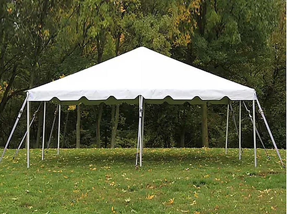 20x20 white frame tent set up on grass, delivered by Lakeshore Rentals