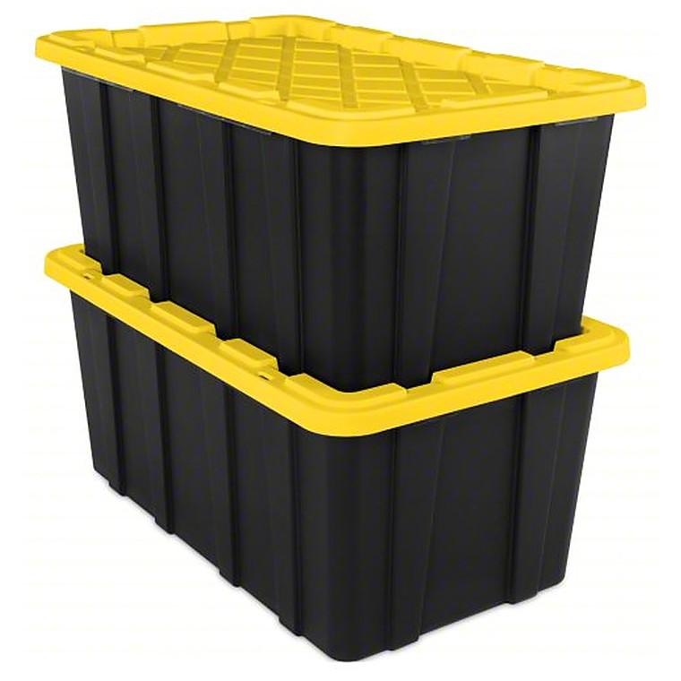 Two stacked 27-gallon black moving totes with yellow lids