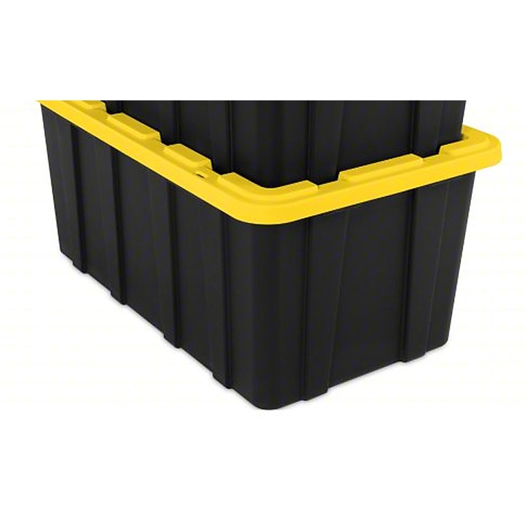 45-gallon black moving tote with yellow lid