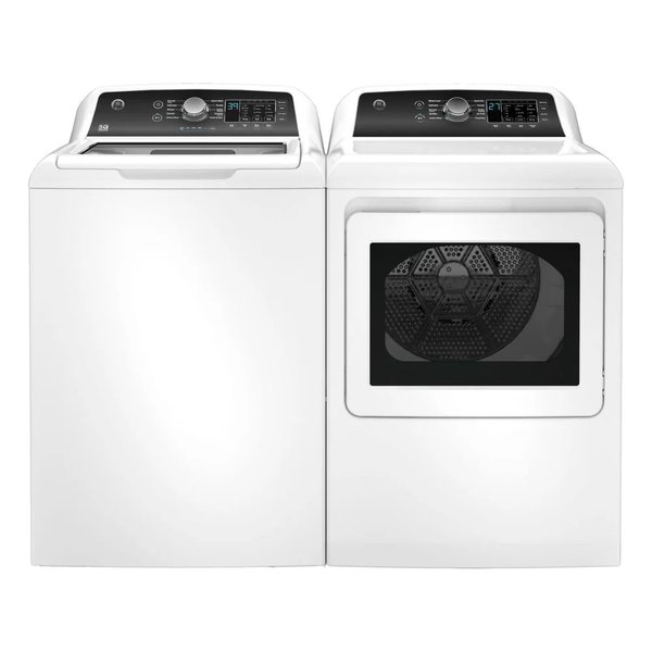 GE white top-load washer and dryer set available for monthly rental in Sheboygan County