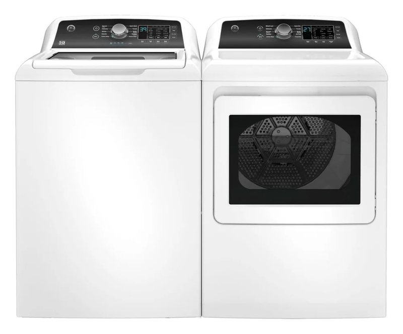 GE white top-load washer and dryer set available for monthly rental in Sheboygan County